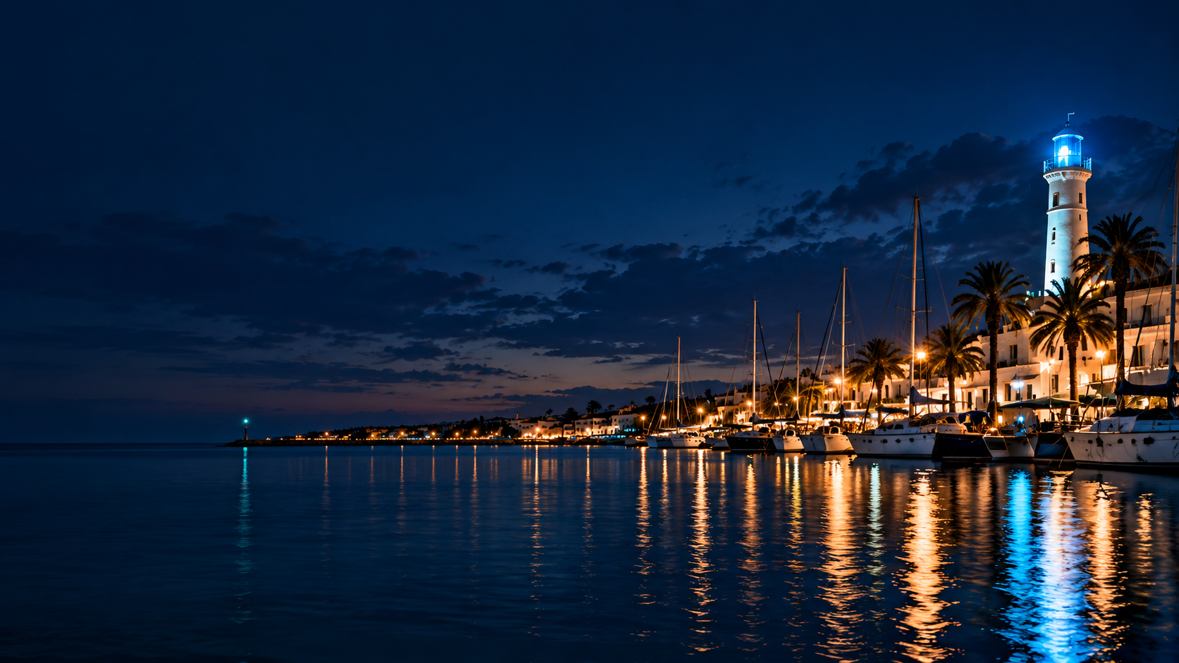 Port de plaisance et phare au Grau-du-Roi à la tombée de la nuit
